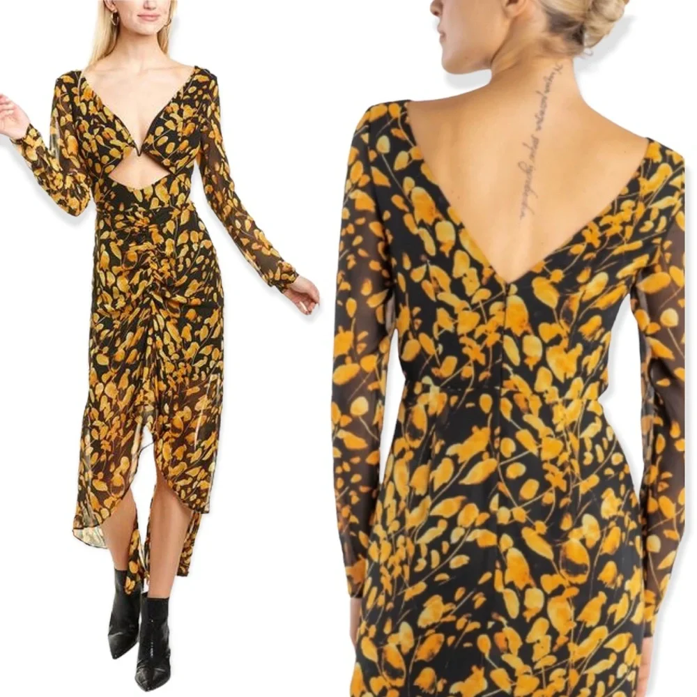 Sau Lee Michella Leaf Print Midi Dress Plunge Black Marigold Spring Boho Size 2 - Picture 2 of 15